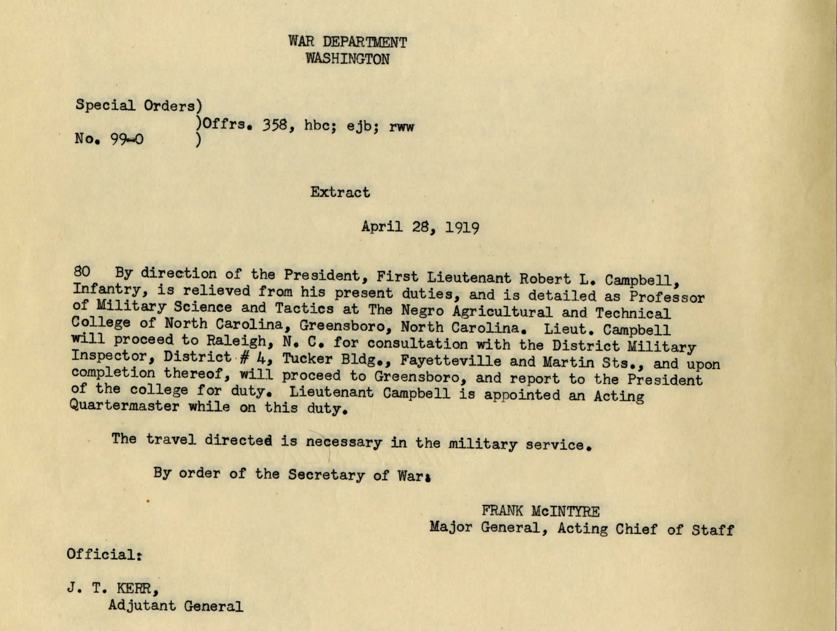 Lt. Robert Campbell orders 1919